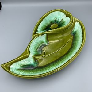 MCM Santa Anita Ware Green Drip Glaze Ceramic Leaf Divided Dish Grannycore